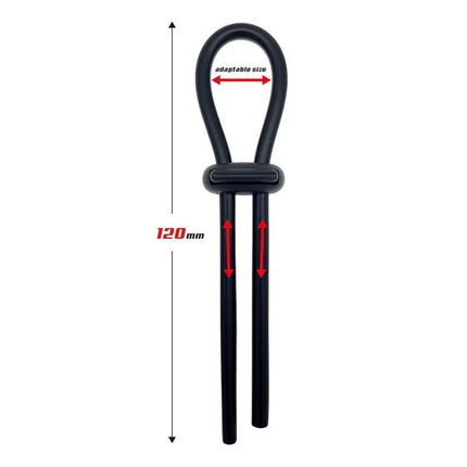 Adjustable Lasso Cock Ring Solid Silicone Black with length measurement and adjustable fit
