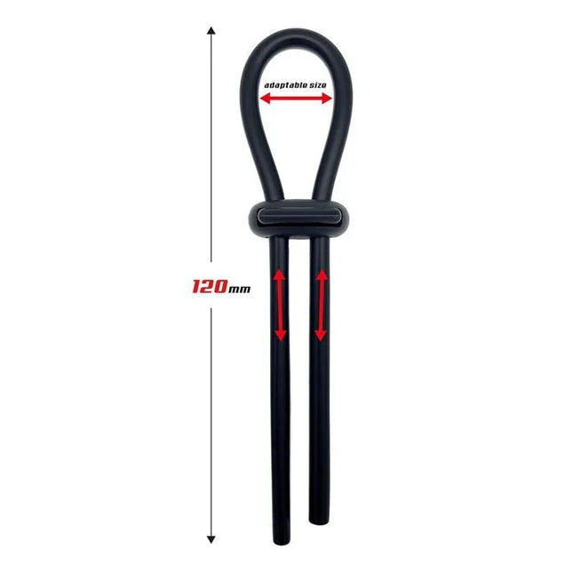 Adjustable Lasso Cock Ring Solid Silicone Black with length measurement and adjustable fit
