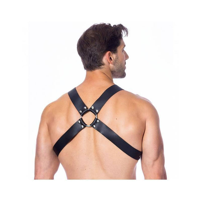 Rear view of a model wearing an Adjustable Leather Harness with Buckles, showcasing the cross-adjustable design for a customizable fit.