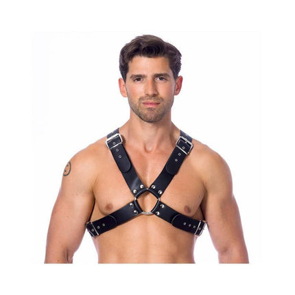 Model wearing Adjustable Leather Harness with Buckles, featuring a cross-adjustable, unisex design for secure and customizable fit.