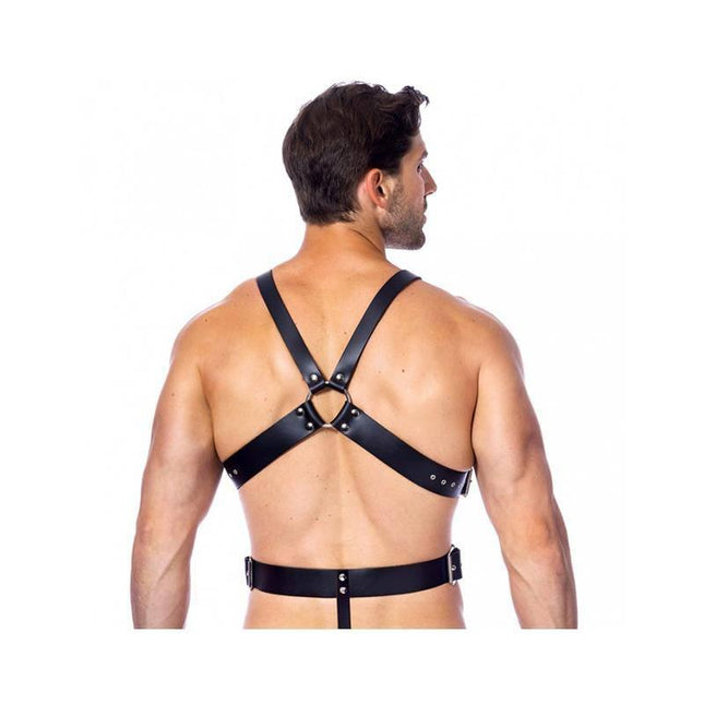 Back view of Adjustable Leather Harness with Rings featuring durable leather design and customizable fit for versatile play.