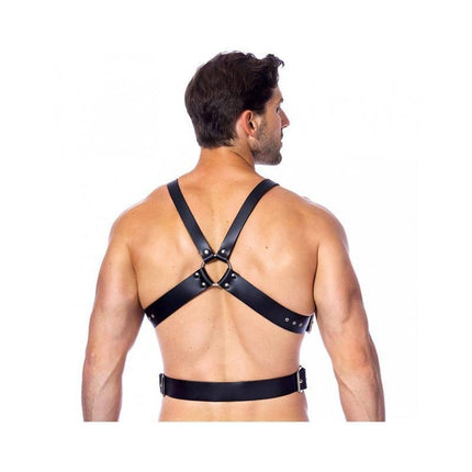 Back view of a man wearing an Adjustable Leather Harness with cross-adjustable straps and six buckles for a secure fit.