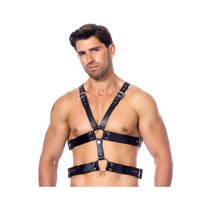 Man wearing an Adjustable Leather Harness with customizable buckles and black leather straps for a precise fit.