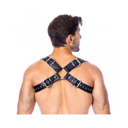 Back view of cross-style Adjustable Leather Harness with four buckles for secure fit.