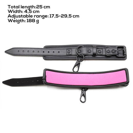 Adjustable Neoprene Handcuffs with pink padding, secure restraint, and versatile chain. Suitable for couples and solo explorers.