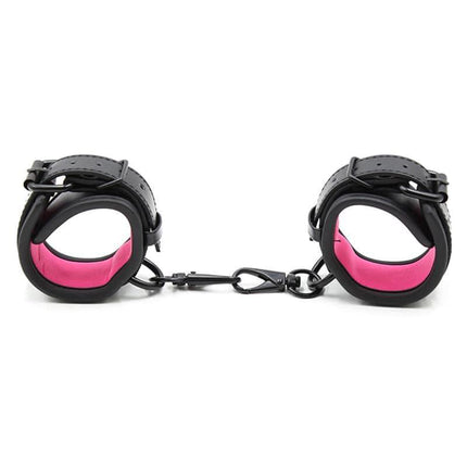 Adjustable Neoprene Handcuffs with pink interior and removable chain for comfortable, versatile restraint from Latetobed BDSM Line.