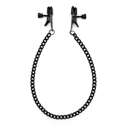 Adjustable nipple clamps with black chain featuring customizable pressure and sleek design for intimate moments.