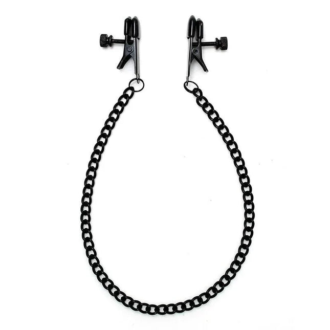 Adjustable nipple clamps with black chain featuring customizable pressure and sleek design for intimate moments.