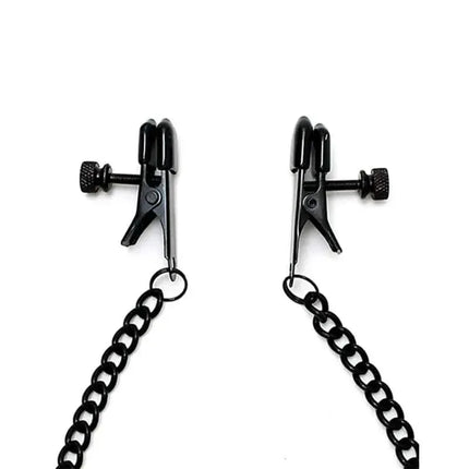 Adjustable nipple clamps with black chain, featuring a customizable pressure mechanism for enhanced adult experiences.