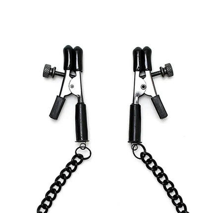 Adjustable nipple clamps with black chain featuring precise tension control for customizable intimate experiences and comfort.
