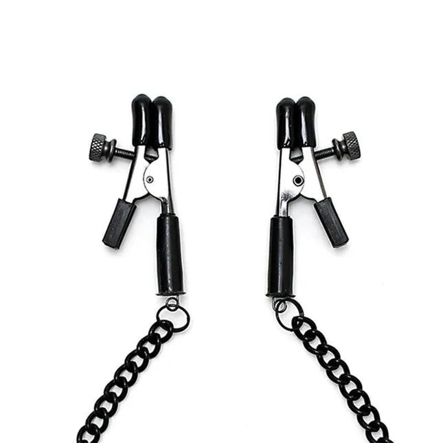 Adjustable nipple clamps with black chain featuring precise tension control for customizable intimate experiences and comfort.