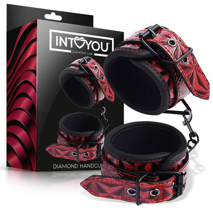 Adjustable Padded Handcuffs Diamond Vegan Leather in vibrant red with sleek packaging, ideal for stylish BDSM play.