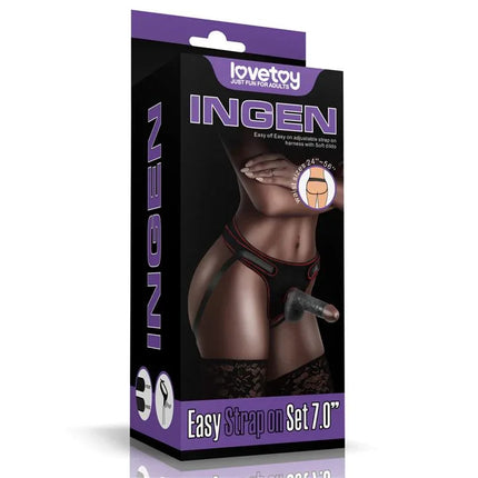 Packaging of Adjustable Strap On with Dildo 7.0, showing product features and design on black box. Ideal for versatile stimulation.