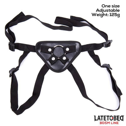 Latetobed BDSM Adjustable Strap On with Metal Ring, black harness showing adjustable fit and sturdy O-ring for dynamic play.