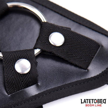 Close-up of Latetobed Adjustable Strap On with Metal Ring, featuring a sturdy O-ring and secure harness design for dynamic play.