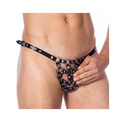 Adjustable Thong with Ring Crotch displayed on model, showcasing leather design with adjustable straps and buckles for a bold look.