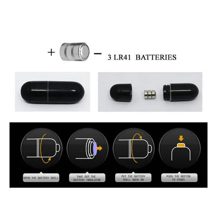 Battery setup for Adonis Finger Sleeve Vibrator Black with 3 LR41 batteries and assembly instructions.