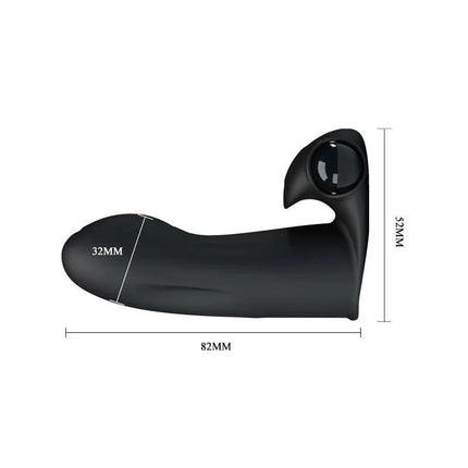 Adonis Finger Sleeve Vibrator Black dimensions showing ergonomic design features.