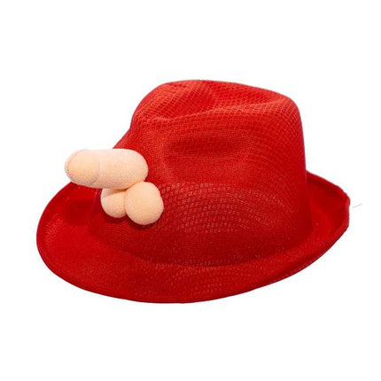 Red novelty hat featuring a humorous design for Adult Novelty Penis Hat for Parties, perfect for bachelor and themed events.