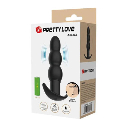 Aeaeas Vibrating Anal Plug packaging showcasing the product's design and features including rechargeable battery and waterproof capabilities.