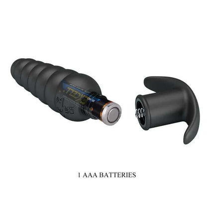 Aeolis Vibrating Anal Plug with battery compartment open, showing AAA battery.