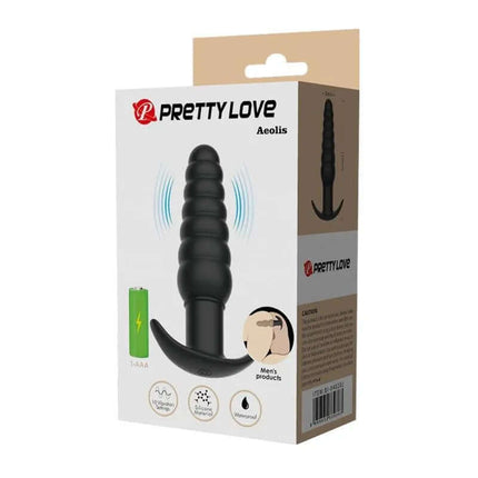 Aeolis Vibrating Anal Plug packaging with product features highlighted, includes skin-safe silicone and P-spot stimulation details.