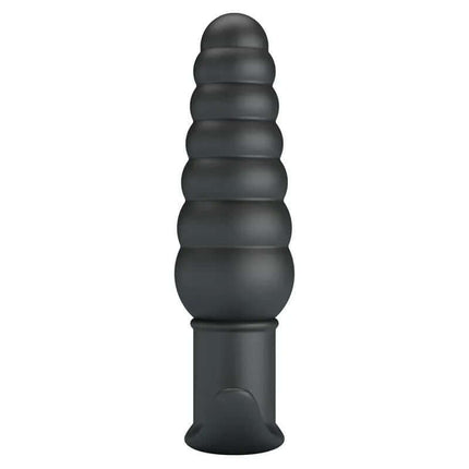Aeolis Vibrating Anal Plug in black silicone with ribbed texture for enhanced P-spot stimulation.