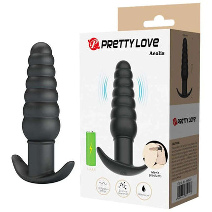 Aeolis Vibrating Anal Plug in black with packaging, showing features like waterproof and prostate stimulation.