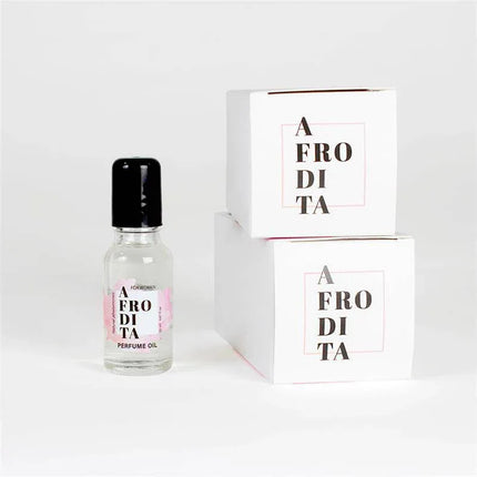 Afrodita Oil Pheromones Perfume 20 ml bottle and packaging showcasing elegant design with bold text and branding.