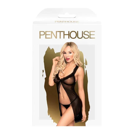 After Sunset Chemise Black lingerie package featuring a model in semi-transparent design with a bold open-front, enhancing intimate moments.