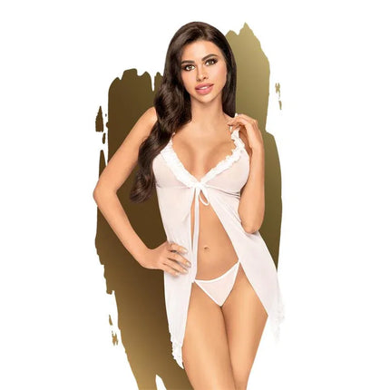 Model wearing After Sunset Chemise White with open front and V-neck, showcasing classic semi-transparent nightwear style.