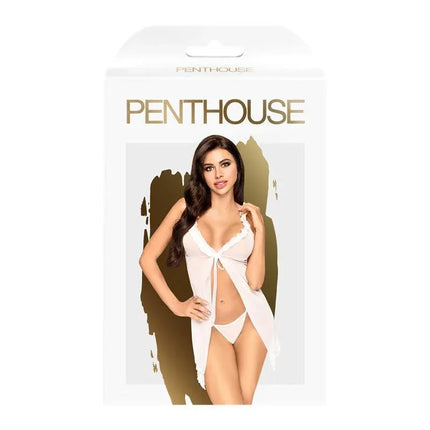 After Sunset Chemise White from Penthouse collection, model in semi-transparent nightwear with daring open front and V-neckline.