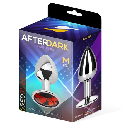 Afterdark Butt Plug with Jewel Red Rubby Size M Aluminium in packaging, featuring ergonomic design and jewel-topped base.
