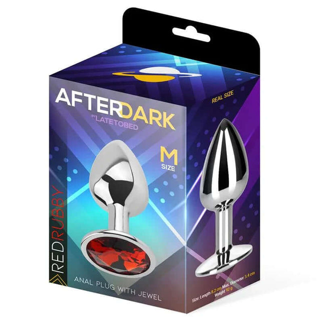 Afterdark Butt Plug with Jewel Red Rubby Size M Aluminium in packaging, featuring ergonomic design and jewel-topped base.