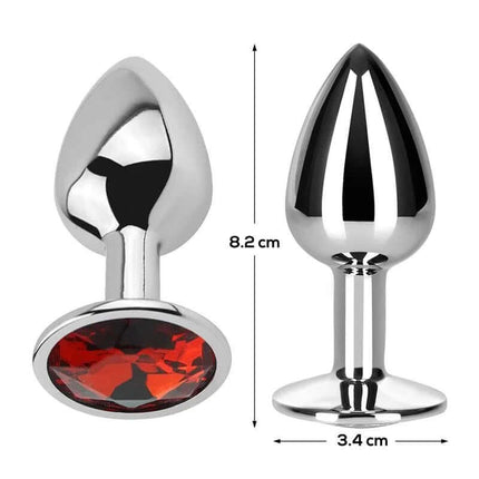 Butt Plug with Jewel Red Rubby Size M Aluminium, 8.2cm x 3.4cm, premium aluminium anal plug with red jewel base