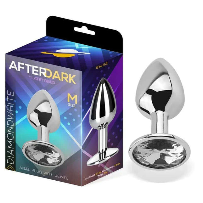 Butt Plug with Jewel Diamond White Size M Aluminium displayed with packaging