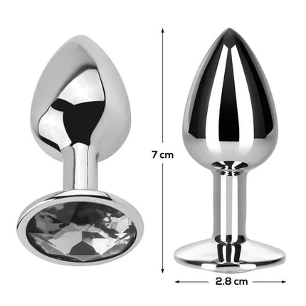 Butt Plug with Jewel Diamond White Size S Aluminium—premium aluminum anal plug with elegant jewel design, 7 cm length, 2.8 cm width.