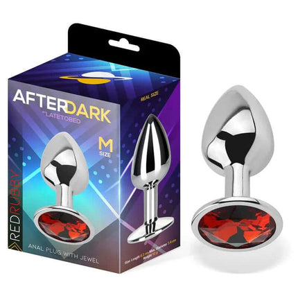 Afterdark Butt Plug with Jewel Red Rubby Size M Aluminium shown with packaging.