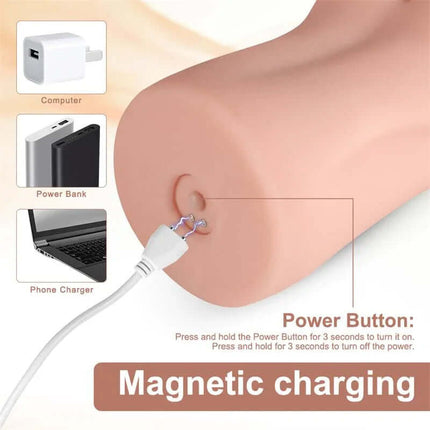 Agatha Vibrating Masturbator with magnetic charging feature and power button instructions.