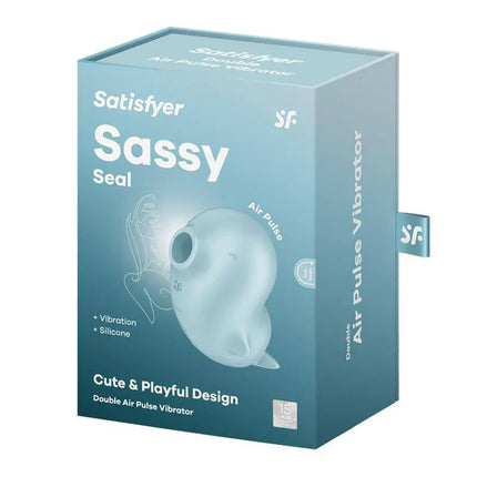Satisfyer Sassy Seal packaging - Air Pulse Vibrator with 11 Pressure Waves & 12 Programs, dual motors for customizable pleasure.