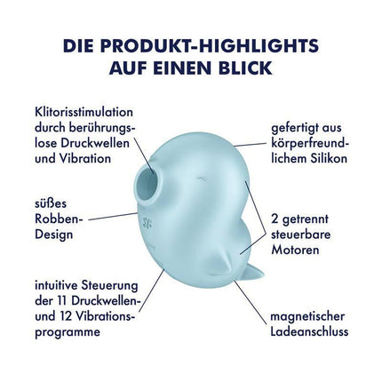 Satisfyer Sassy Seal Air Pulse Vibrator with 11 Pressure Waves & 12 Programs, dual motors, silicone material, magnetic charging.