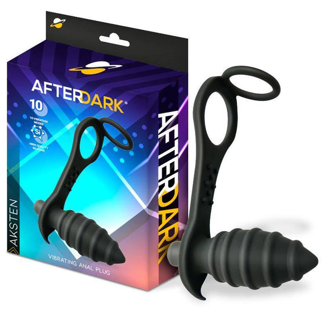 Aksten Vibrating Anal Plug with Penis Ring displayed with packaging from Afterdark