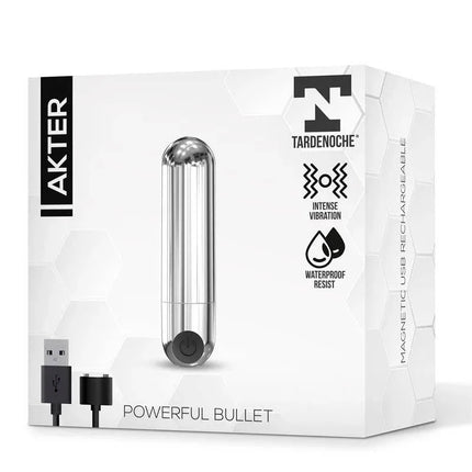 Image of Akter Vibrating Bullet Super Powerfull Magnetic USB packaging showing intense vibration and waterproof features.