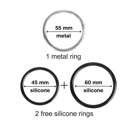 Alex Adjustable Strap-on Harness metal and silicone ring set, includes 55mm metal and 45mm/60mm silicone rings, versatile and durable.