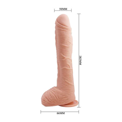 Alex Curved Dildo with Testicles G-Spot Suction Cup Flesh, realistic design with measurements in flesh color.