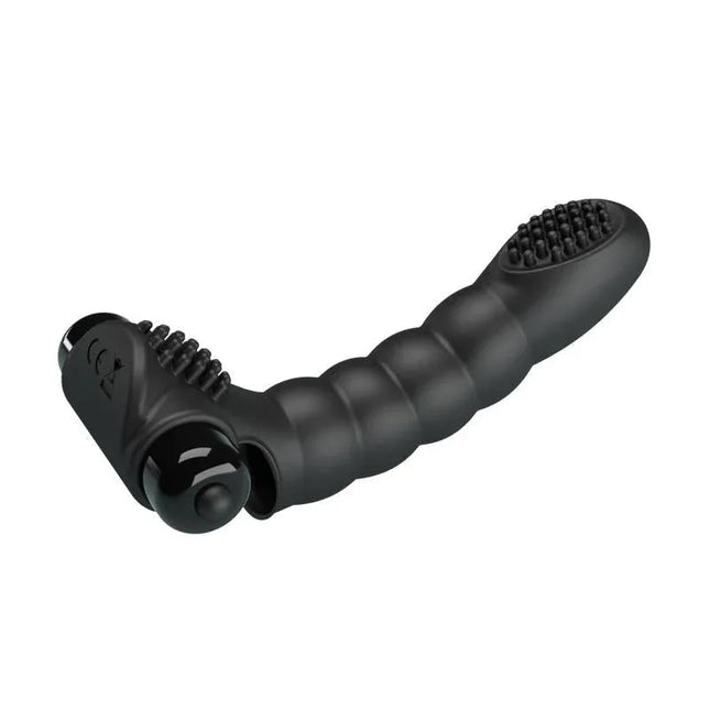 Black Alexander Vibrating Finger Sleeve with textured surface for enhanced stimulation.
