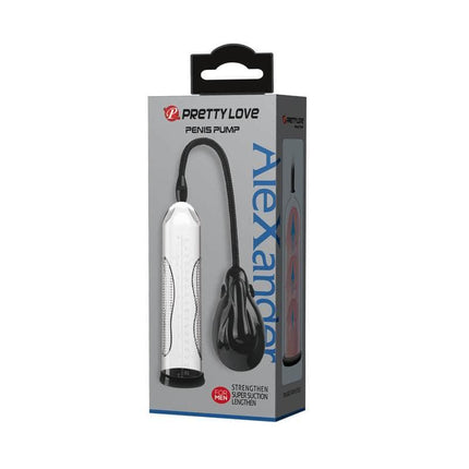 Alexander Vibrating Pump packaging with transparent tube for enhancing firmness and size of erections, features vibration for added stimulation.