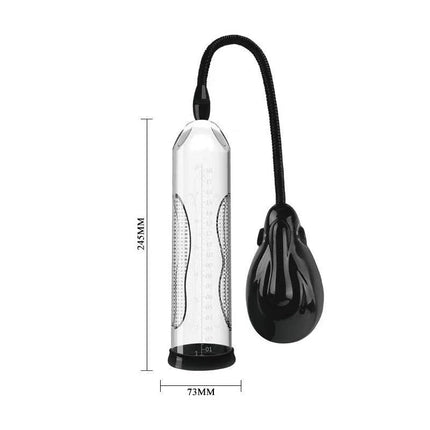 Alexander Vibrating Pump with transparent viewing tube and black handle for enhanced erection size with vibration feature.