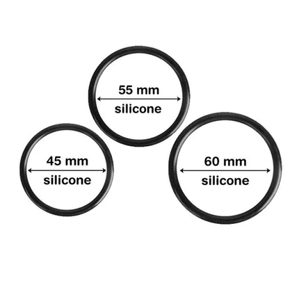 Three silicone rings in sizes 45mm, 55mm, and 60mm for the Alexia Universal Adjustable Strap-on Harness with Belt.