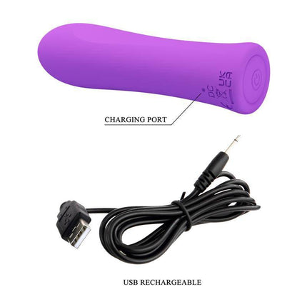 Alfreda Vibrator Purple with charging port and USB cable, premium silicone for intense stimulation, flexible design with 12 vibration modes